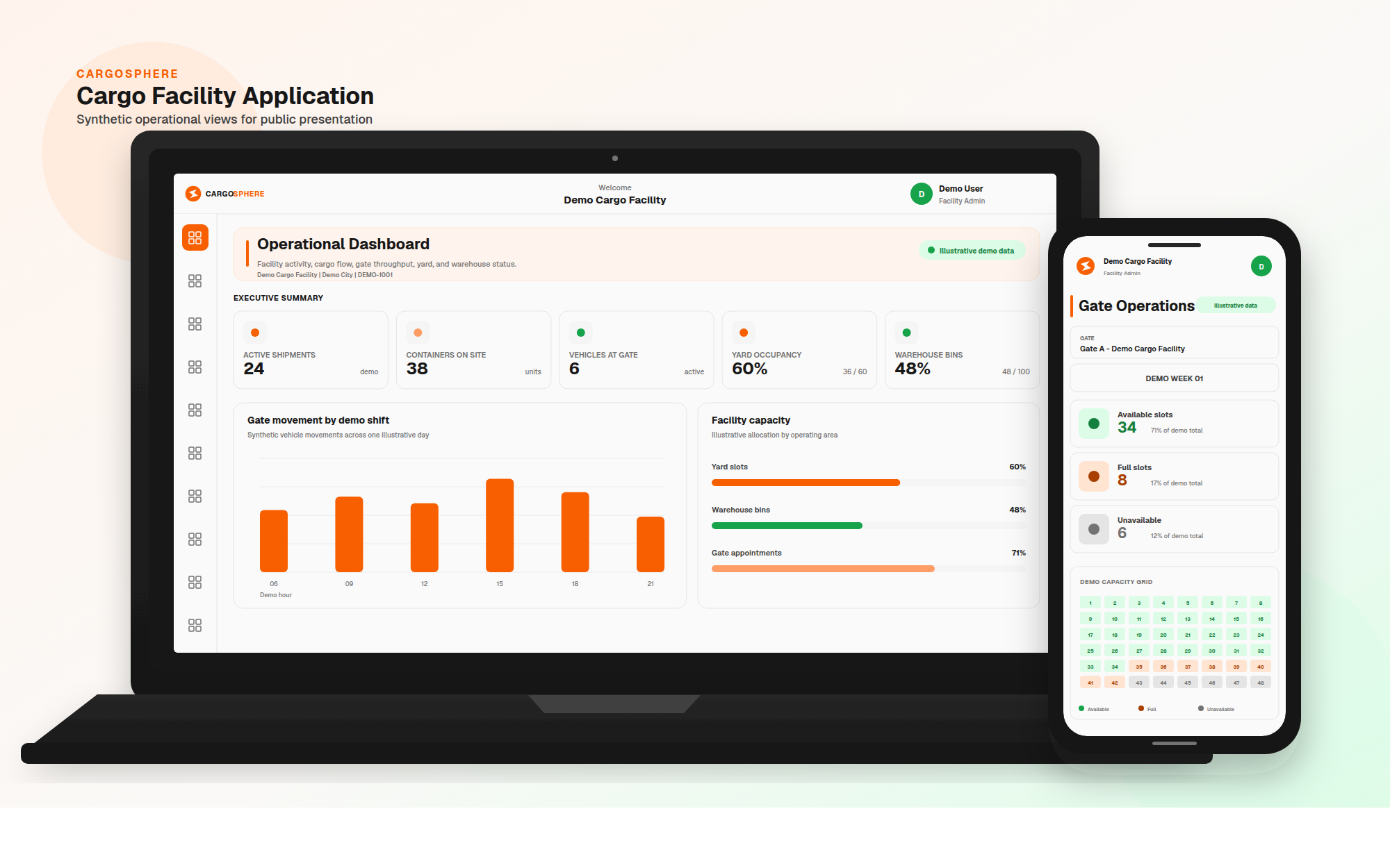 Laptop and phone displaying CargoSphere Cargo Facility Application operational screens.