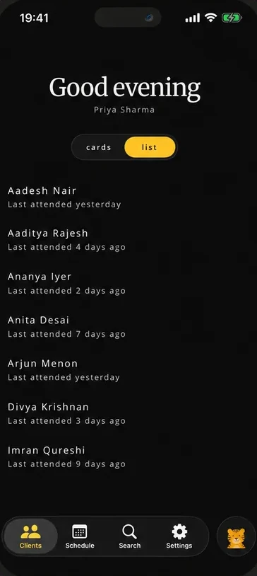 The Gymbo client list on an iPhone, showing when each client last attended, from yesterday to 9 days ago.