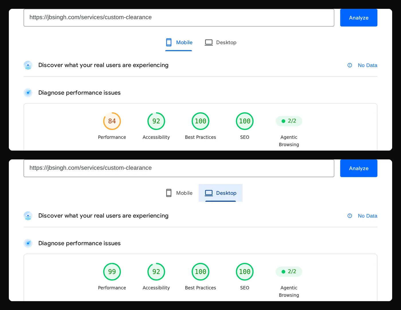 Google PageSpeed Insights for jbsingh.com/services/custom-clearance. Mobile: Performance 84, Accessibility 92, Best Practices 100, SEO 100. Desktop: Performance 99, Accessibility 92, Best Practices 100, SEO 100.