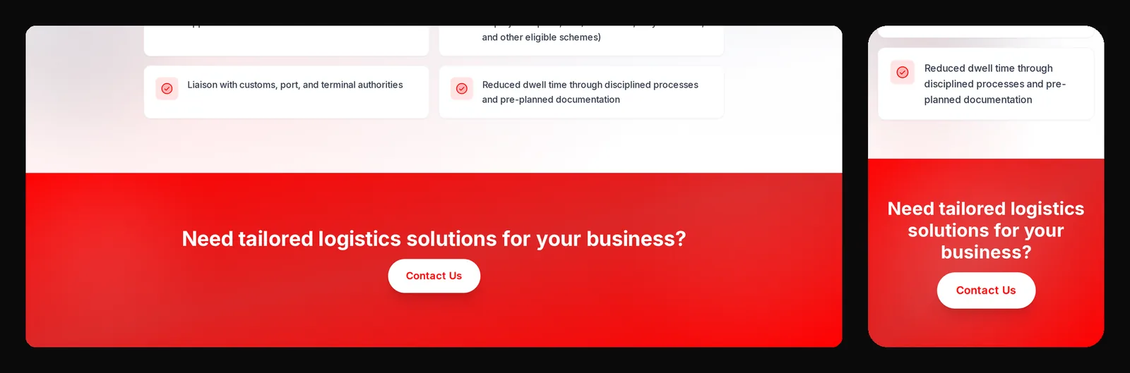 The end of the Custom Clearance page on a desktop and on a phone: Need tailored logistics solutions for your business? with a Contact Us button.