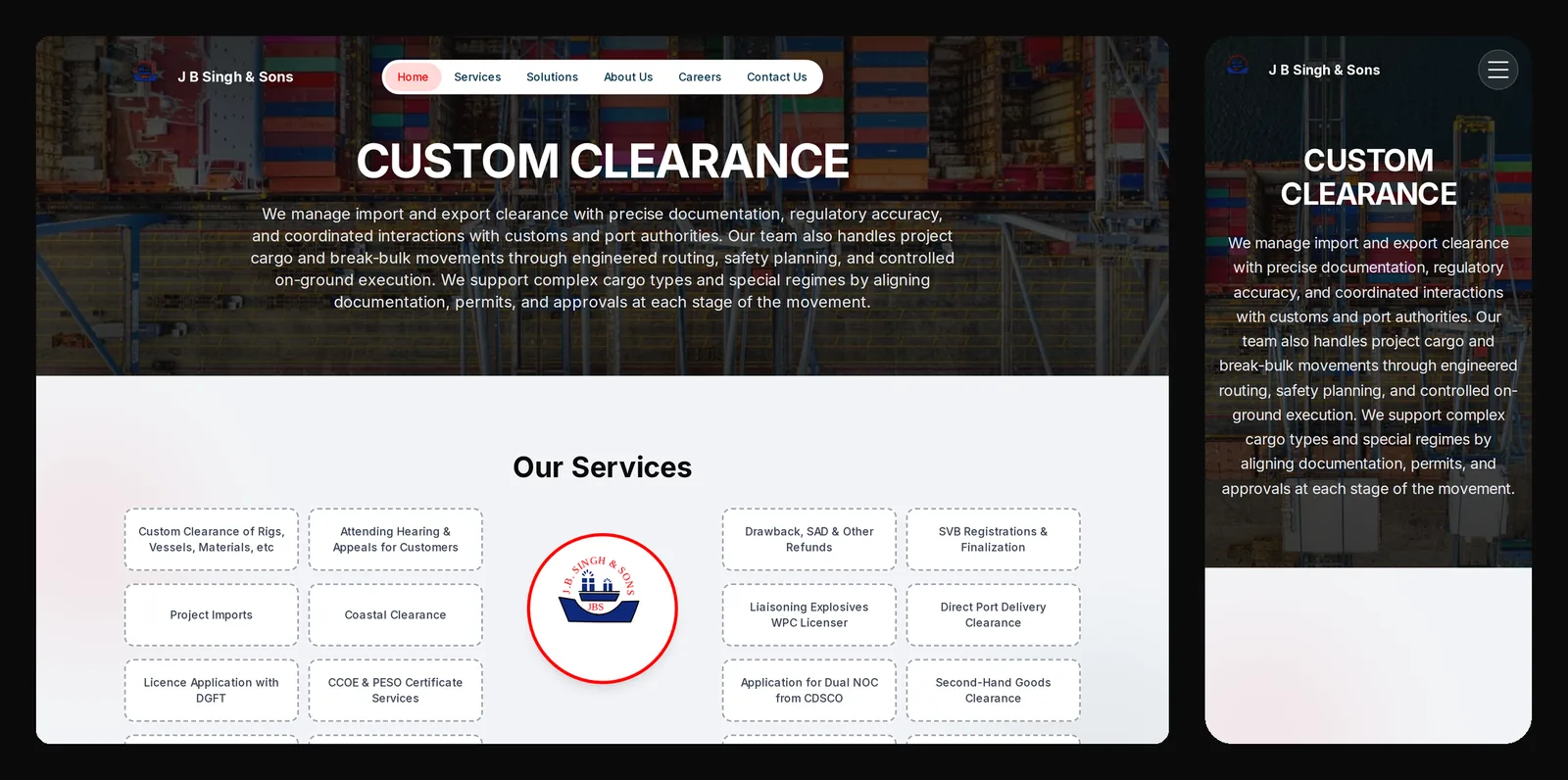 The J B Singh and Sons Custom Clearance service page on a desktop and on a phone, with the service description and the list of clearance services.