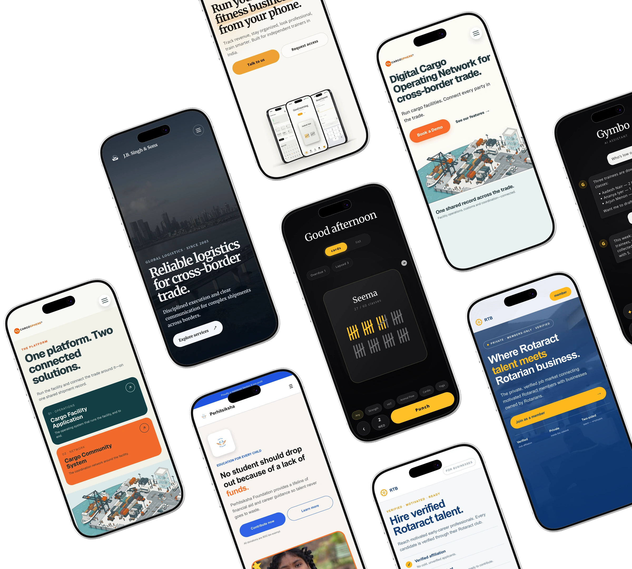 Phones showing J B Singh & Sons, CargoSphere, Gymbo, RTB and Perhitsiksha